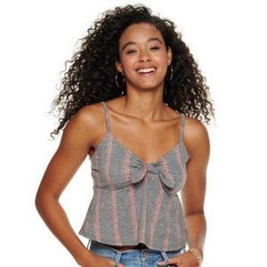 Mudd | Gray & Pink Striped Slub Knit Bow Front Semi Cropped Tank Top